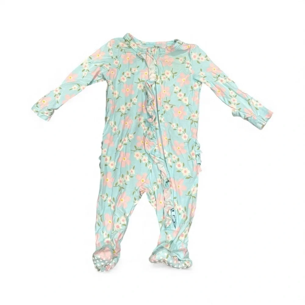 🌼NWOT Angel Dear Floral teal zippered romper newborn bamboo pajamas footie